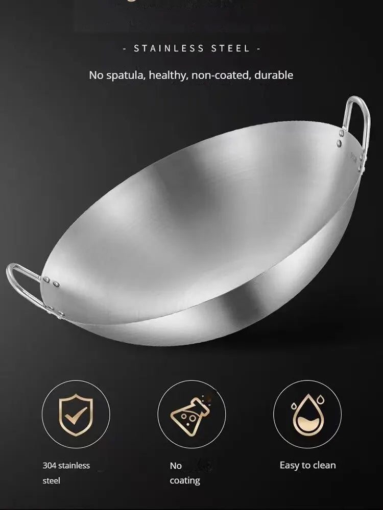 Stainless Steel Double Ear Frying Pan Uncoated Thickened Restaurant Pan Cauldron Commercial Household Frying Pan