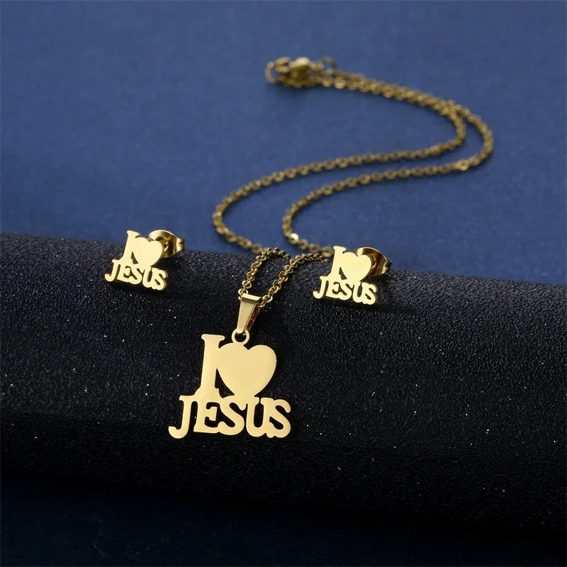 Letter Jesus Heart Pendant Necklace Women Crystal Inlaid Metal Sliding Pendant