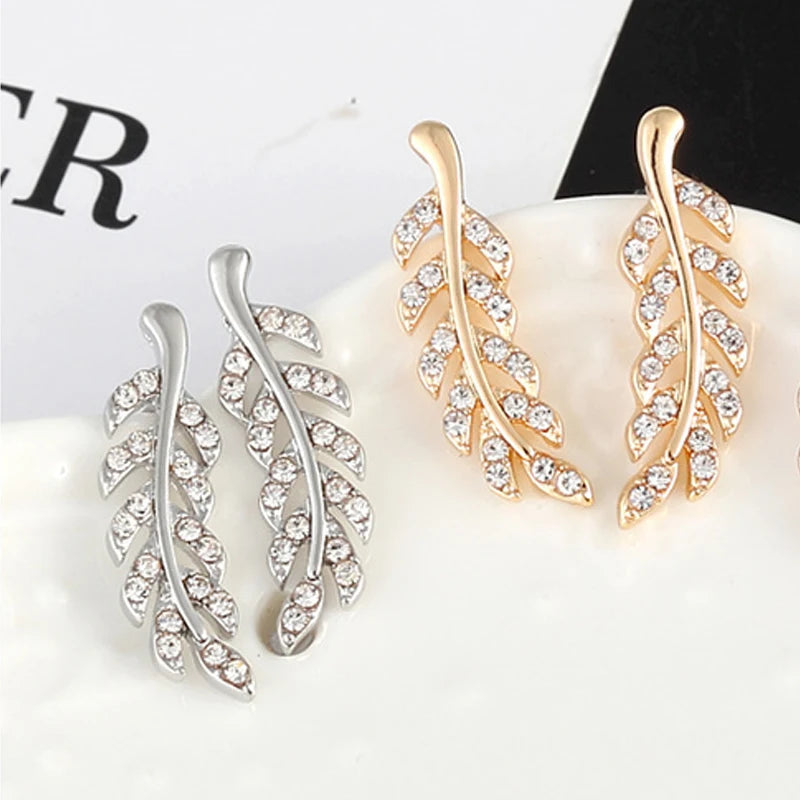 Hollow Out Leaves Earrings for Women Crystal Ear Stud Silver Golden Color Girl