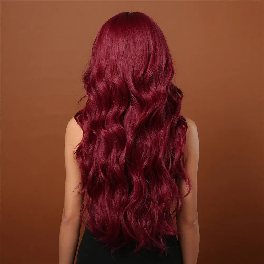 Wine Red Wigs for Women Long Burgundy Wavy Wigs with Bangs Cosplay Party Daily Wig Synthetic Fake Hair High Temperature Wig