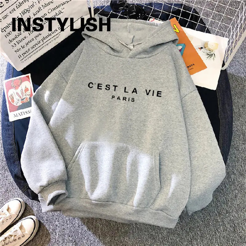 Women Casual Print Loose Hoodies Spring Long Sleeve Hooded Sweatshirt Pullover