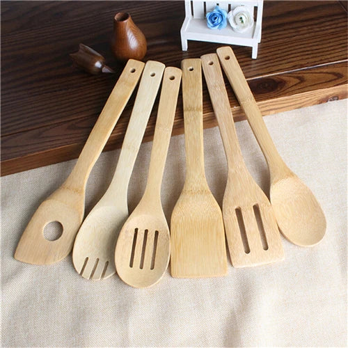 6 Pieces Bamboo Spoon Spatula Kitchen Utensil Wooden Cooking Tool Mixing Set