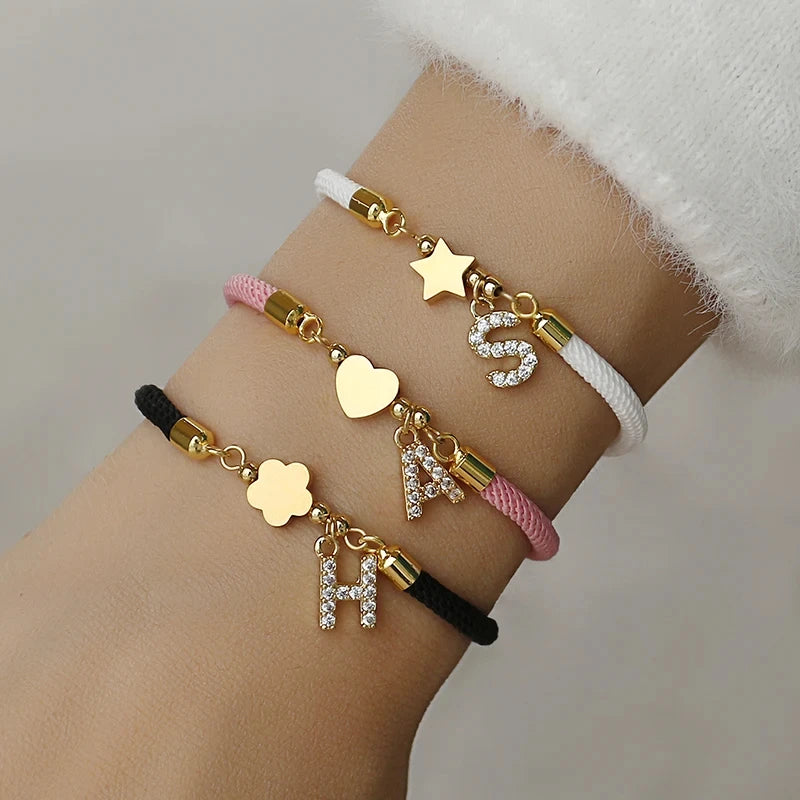 Pave Cubic A-Z Initial Letter Women Bracelet Star Heart Flower Rope Bracelet