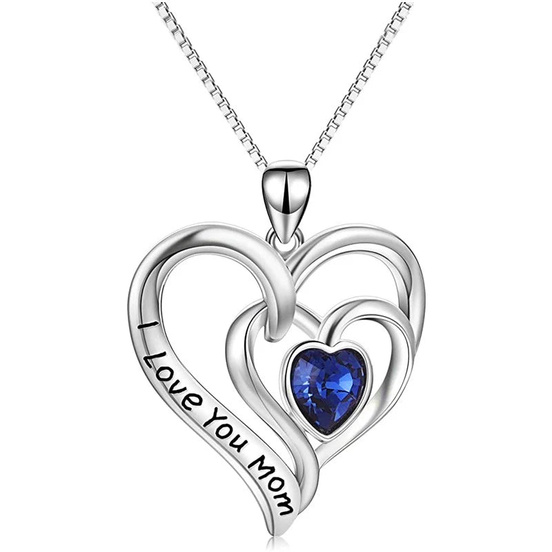 Heart Blue Cubic Zirconia Neck Necklace Women Letter "I Love You Mom" Anniversary Birthday Gift for Mother Trendy Jewelry