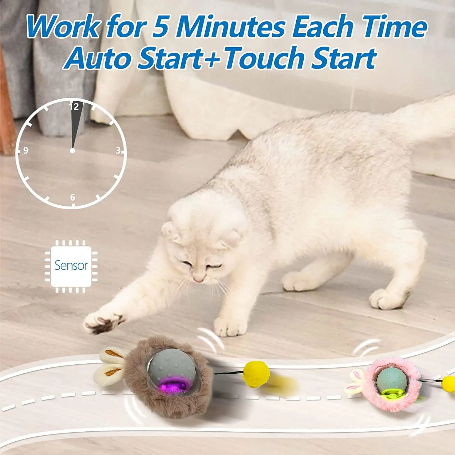 Rabbit Ear Interactive Cat Toy Ball Smart Cat Toys with Bird Sound LED Light Motion Activate Rolling Ball Electric Cats Toy