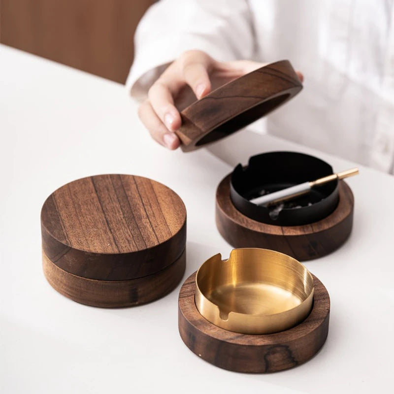 Ashtrays With Lid Walnut Wood Desktop Ashtray Stainless Steel Windproof Ash Tray