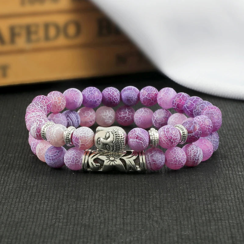 2pcs/set Buddha Head Bracelet for Women Men Natural Tiger Eye Lava Stone Yoga Beads Distance Bracelets Charm