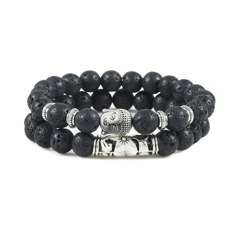 2pcs/set Buddha Head Bracelet for Women Men Natural Tiger Eye Lava Stone Yoga Beads Distance Bracelets Charm