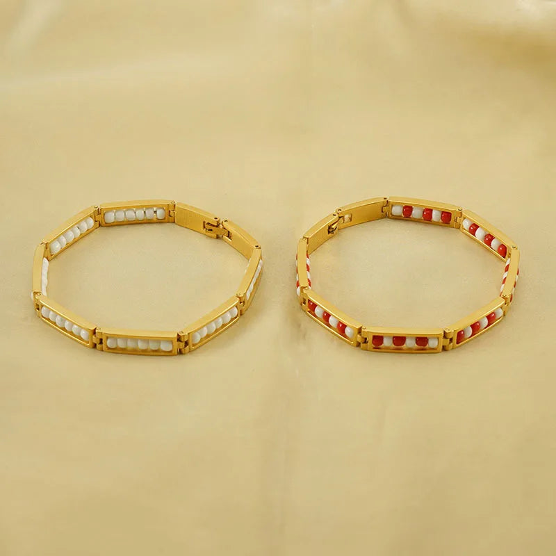 Waterproof Stainless Steel Beaded  18k Gold Plated Bracelet for Women Men