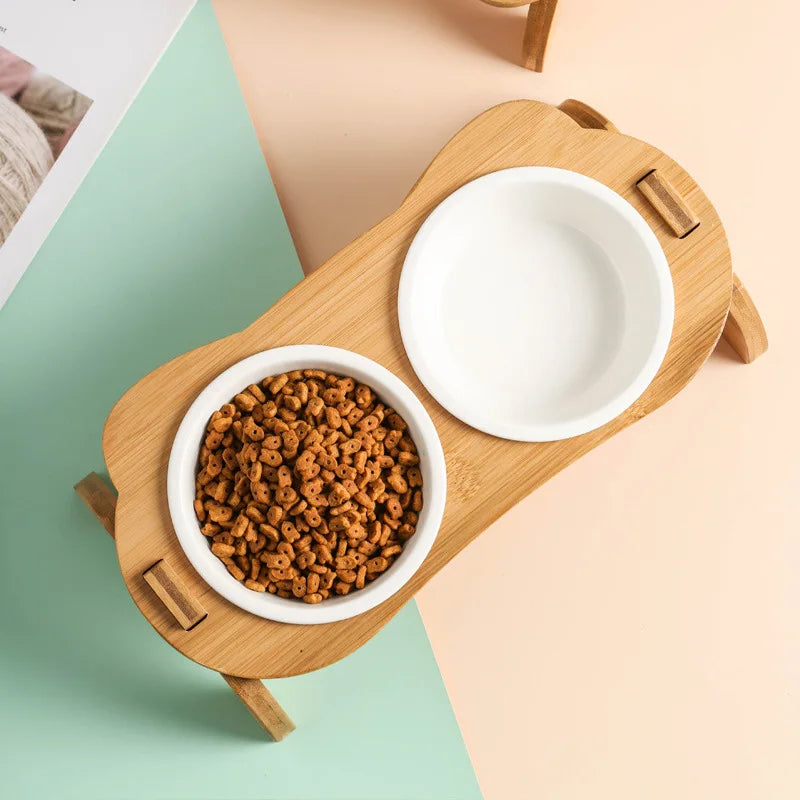 Elevated Bamboo Food Bowls for Cat and Dog Anti-Leak Pet Food Water Bowl Feeder