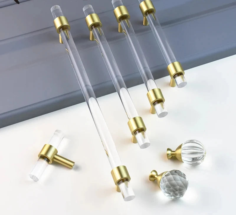 T-Bar Acrylic Kitchen Furniture Handles Wardrobe Drawer Door Knobs Golden Brass Cupboard Closet Cabinet Pulls Modern Style