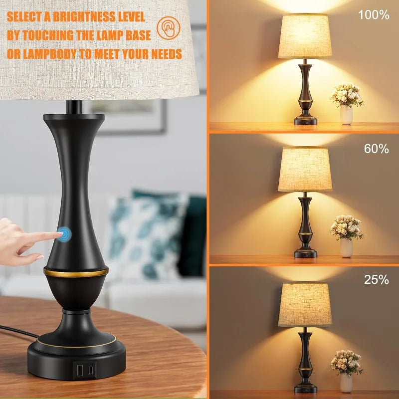 BedroomLamp1 Upgraded  Lamps for Bedrooms Set of 2 - Nightstand Table Lamp with USB C+A, 3 Way Dimmable Bedside Lamps