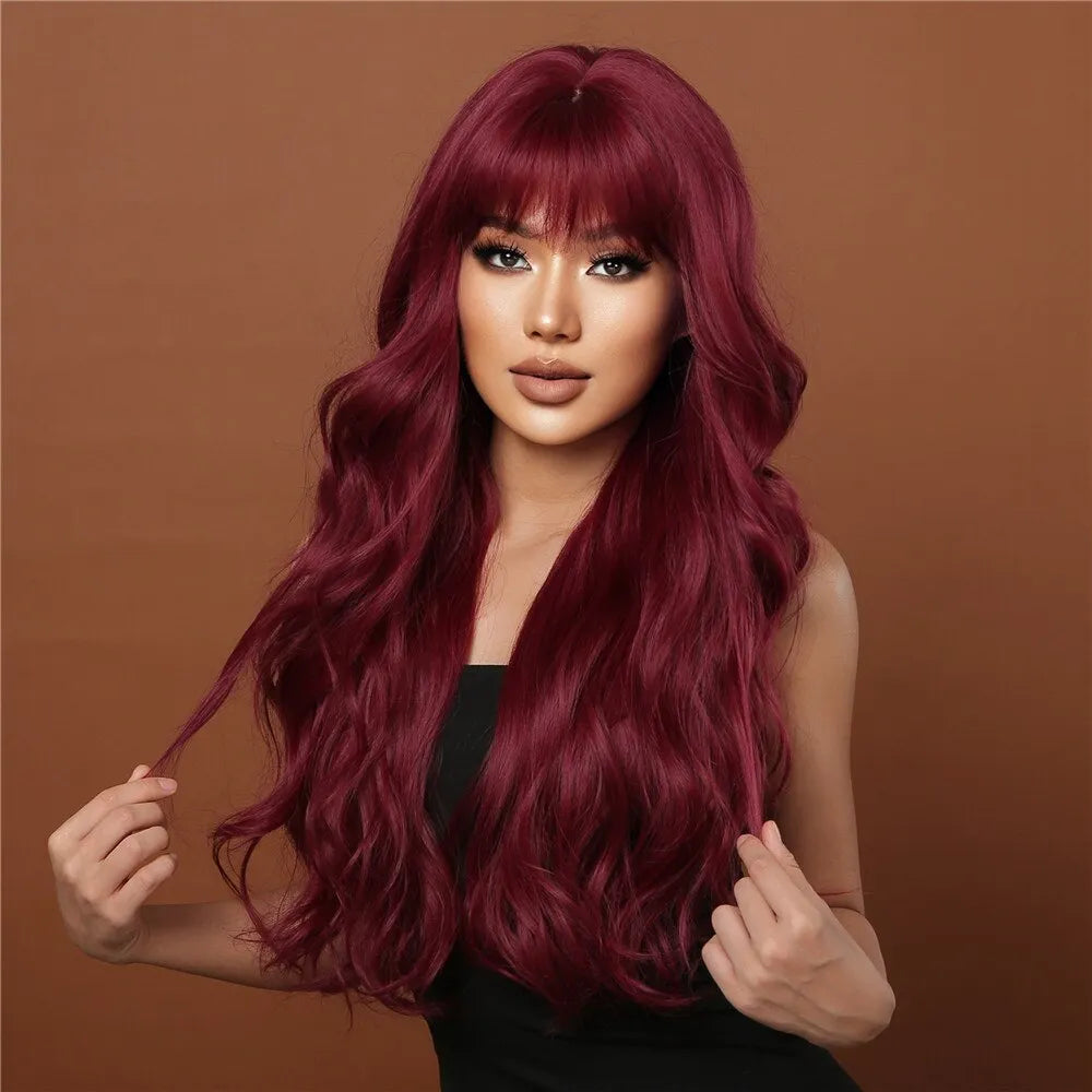 Wine Red Wigs for Women Long Burgundy Wavy Wigs with Bangs Cosplay Party Daily Wig Synthetic Fake Hair High Temperature Wig