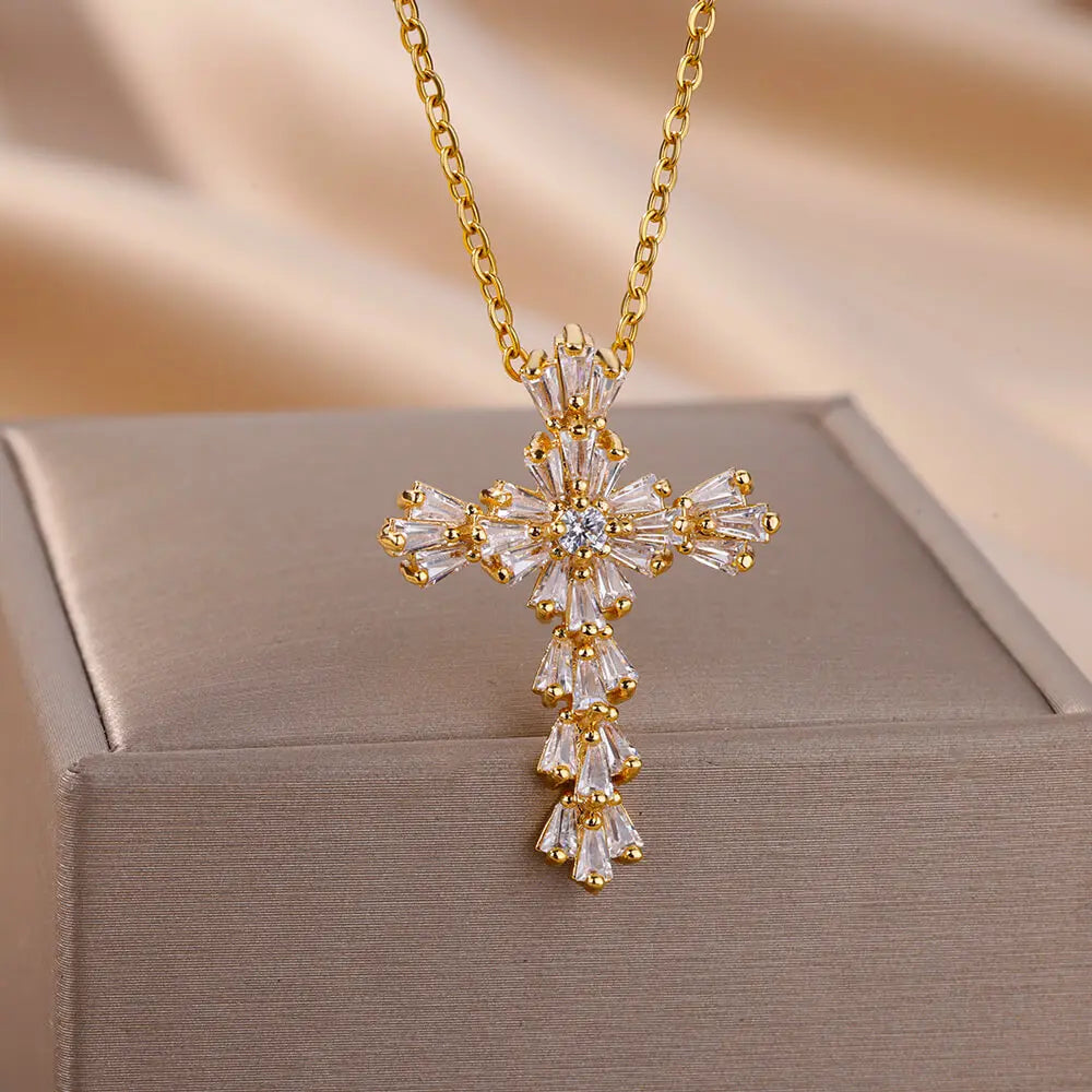 Zirconia Cross Pendant Necklace for Women Crystal Stainless Steel Chain Charm