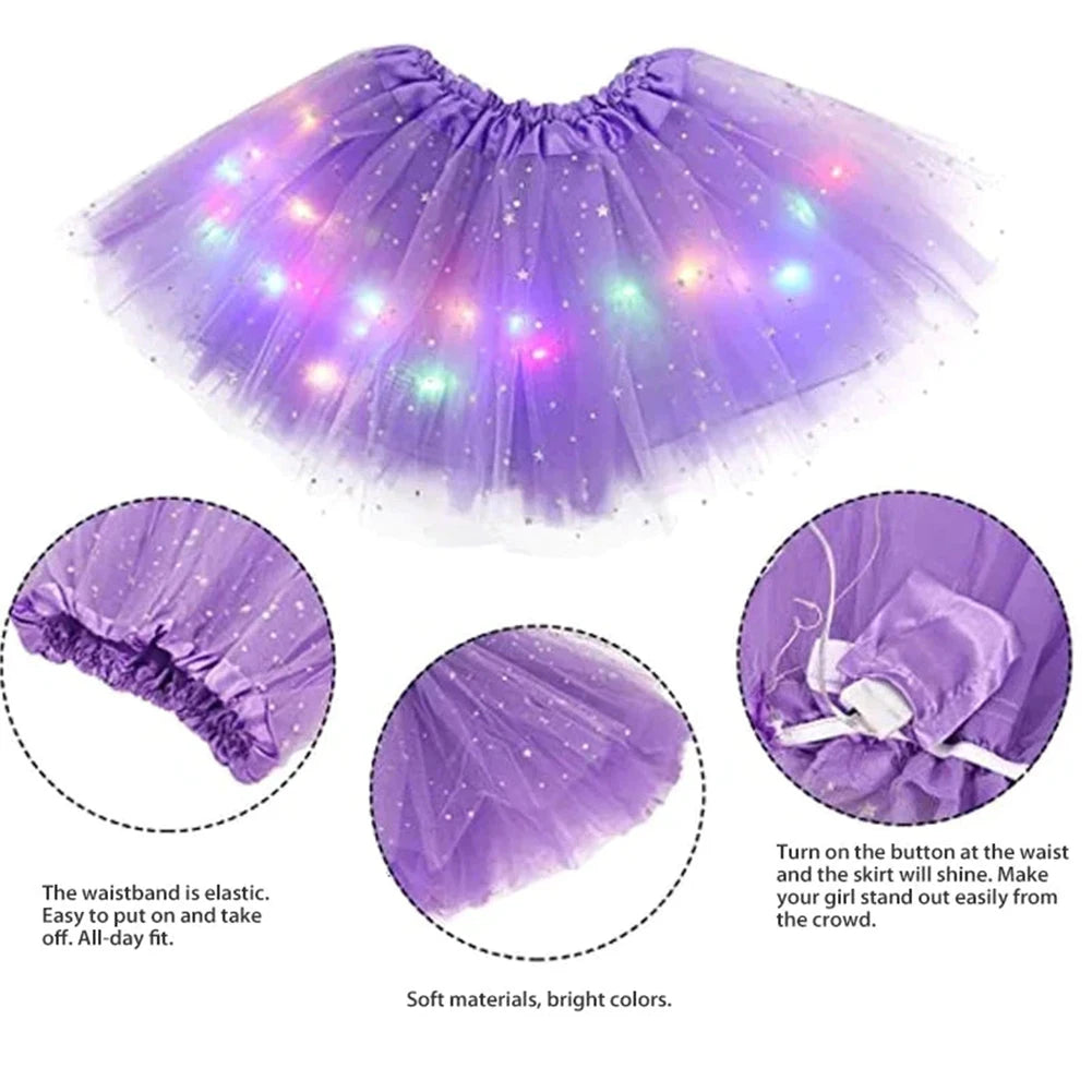 Luminous Puffy Skirts Girls Star Sequins Mesh Tutu Ballet Skirt with LED Light