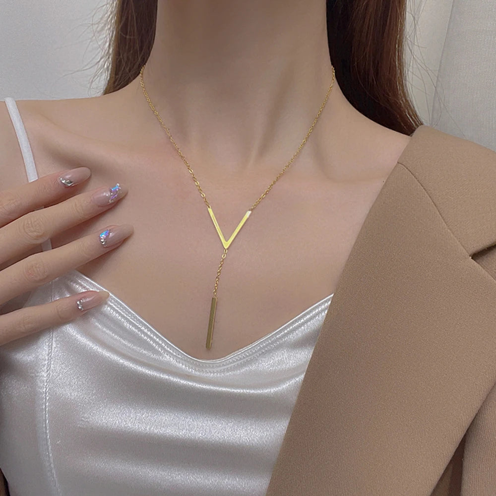 V-shaped Long Sexy Clavicle Gold Colour Chain Necklace Choker for Women Fashion Jewelry Party Gifts