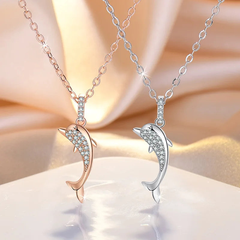 925 Sterling Silver Dolphin Necklace Pendant AAA Zircon For Women