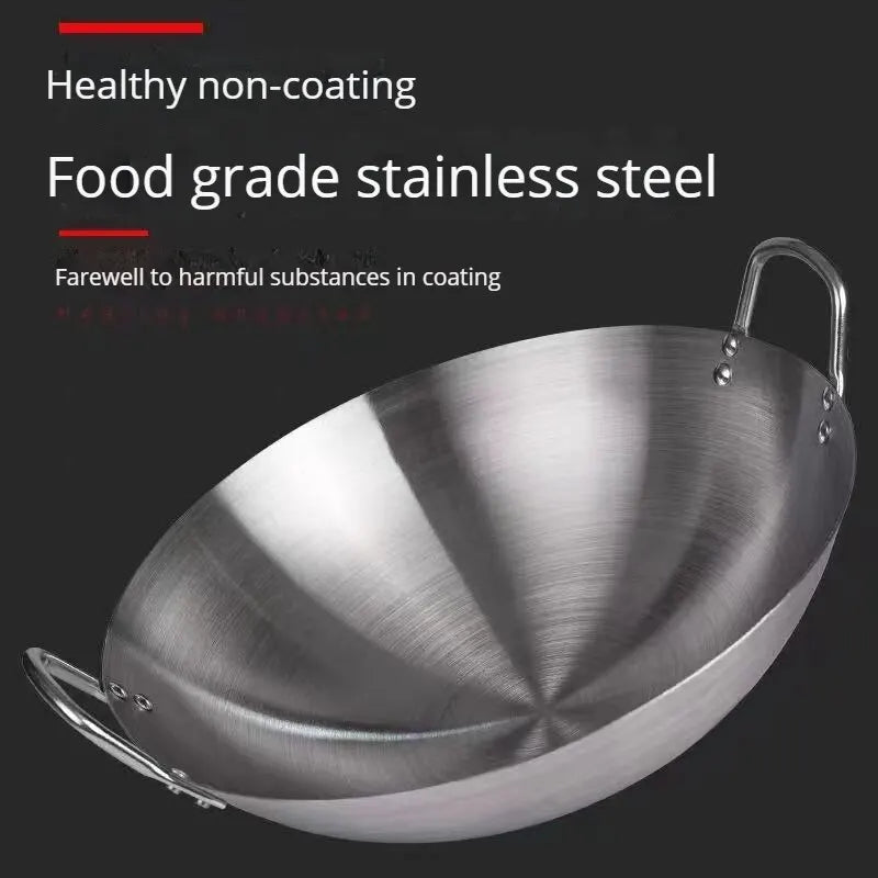 Stainless Steel Double Ear Frying Pan Uncoated Thickened Restaurant Pan Cauldron Commercial Household Frying Pan