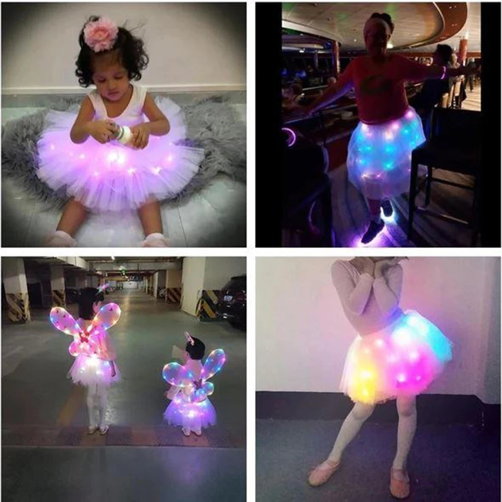 Luminous Puffy Skirts Girls Star Sequins Mesh Tutu Ballet Skirt with LED Light