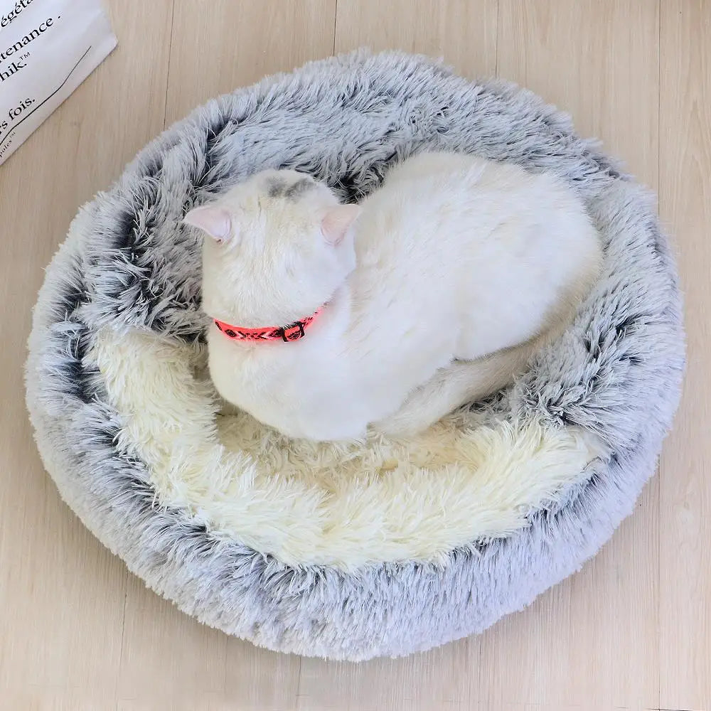 Round Cat Bed Winter Warm Soft Plush Long Plush Cat Cushion House 2 In 1 Sleeping Nest Kennel For Small Dogs Cats