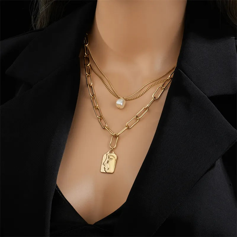 316L Stainless Steel Gold Color Heart Pearl Pendant Necklace For Women Punk Street Rustproof Neck Jewelry Party Gift