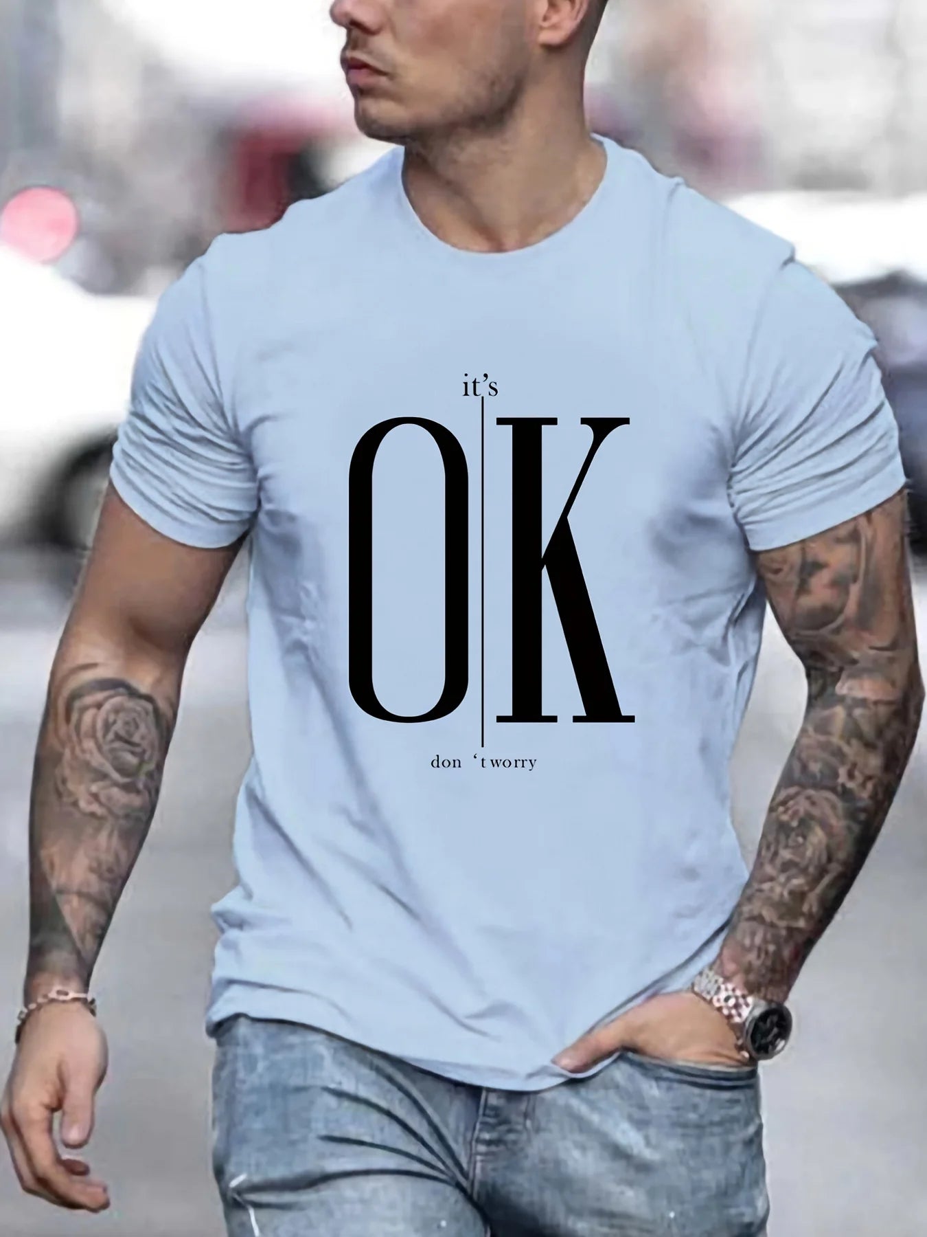 Men's Summer Loose Fit  100 Cotton OK Printed T-shirt Tops