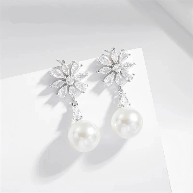 Zircon Flower Earrings for Women Exquisite Imitation Pearl Pendant Earring