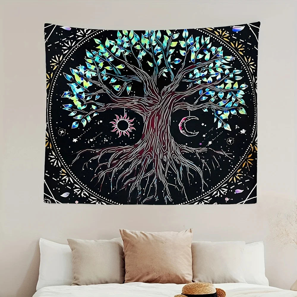 1Pcs 75x58cm Tree of Life Tapestry BlackLight Sun Moon Stars Galaxy Colorful