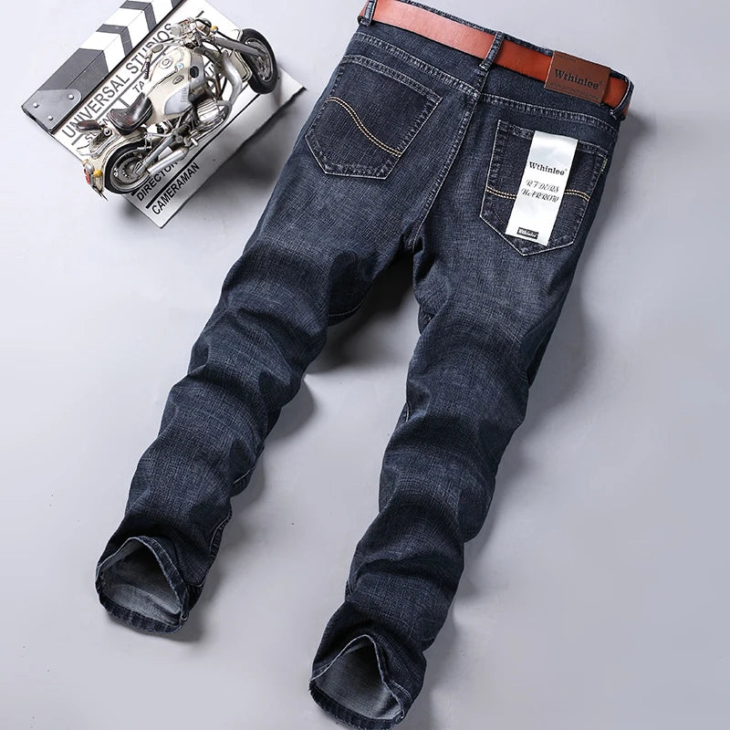 Men's Jeans Casual Straight Stretch Fashion Classic Blue Work Denim Trousers