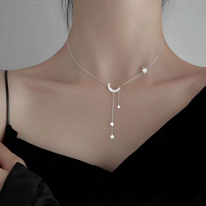 Exquisite Bling Silver Color Tassel Star Moon Necklace For Women Clavicle Chain Woman Jewelry Birthday Gift Accessories