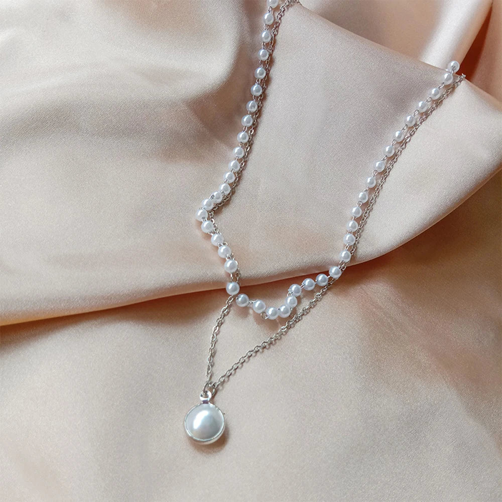 Kpop Pearl Choker Necklace Cute Double Layer Chain Pendant For Women