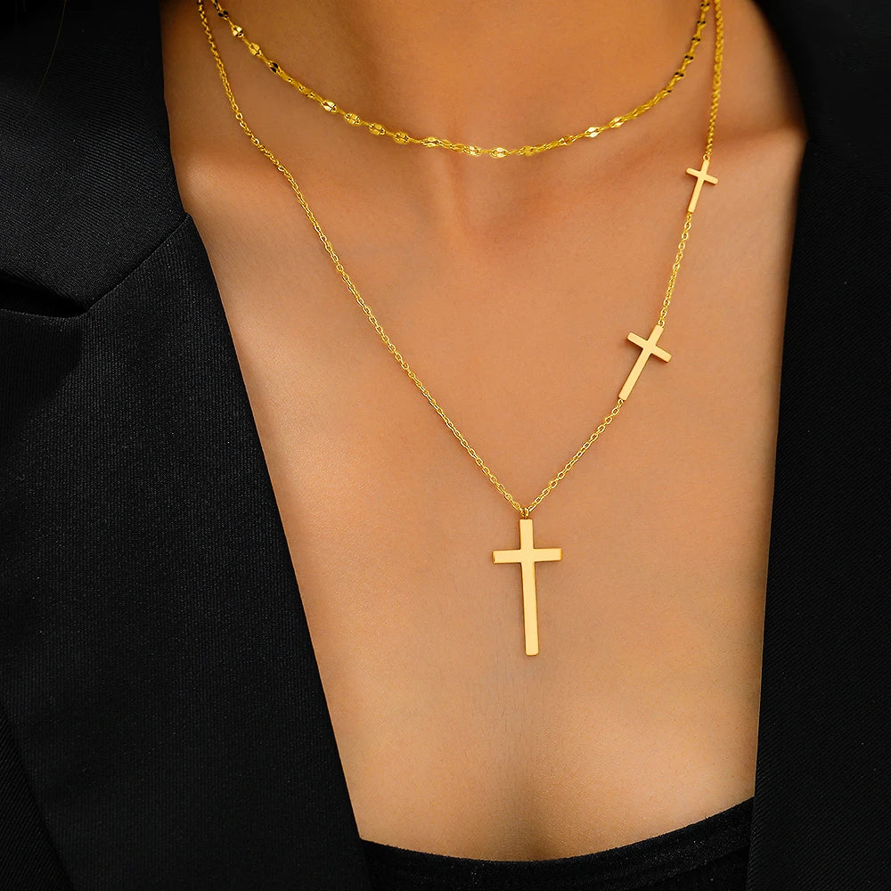 Stainless Steel Necklaces Cross Pendant Choker Multilayer Chain Double Stacked Wear Light Luxury Fine Necklace For Women Jewelry