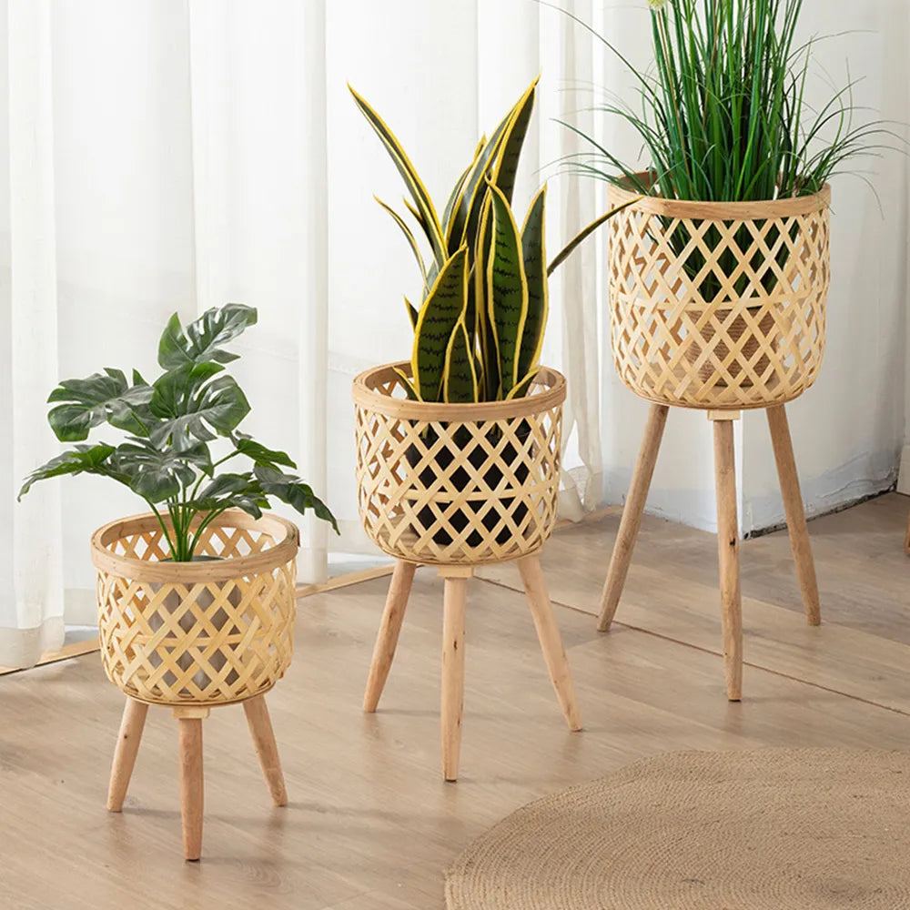 Handmade Bamboo Woven Flower Pot with Stand  Plant Flower Display Storage Stand DIY Storage Nursery Pots Home Decoration