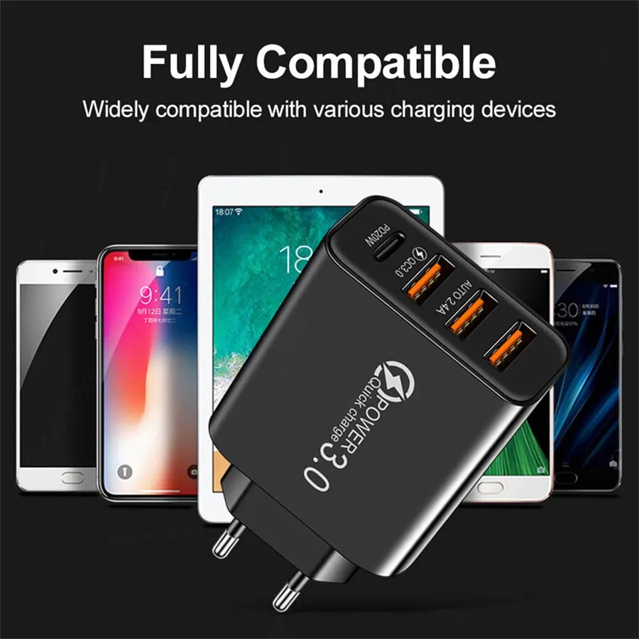 USB Wall Charger Block 4 Port PD QC Fast Power Adapter Type C Charging Plug for iPhone iPad Samsung Google Tablet Android