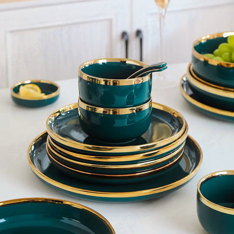 Gold Stroke Green Dinner Set Plates and Dishes Color Glaze Plates and Bowls