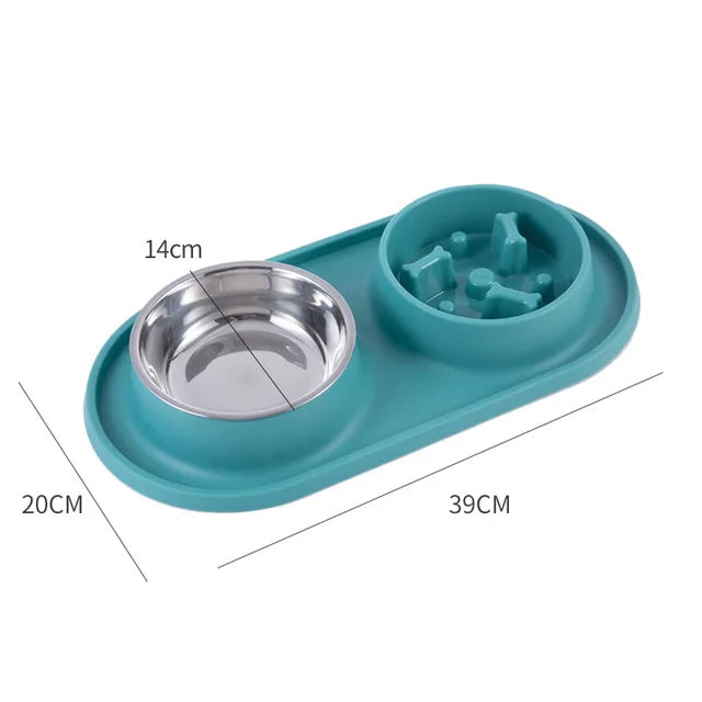 Dog Double Bowl With Silicone Mat Cat Pet Food Water Feeder Drinking Bowls Stainless Steel Anti-Choking Non-Slip Basin