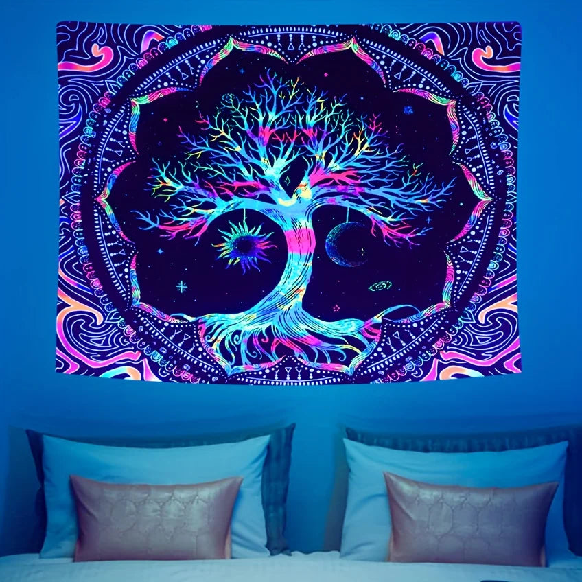 1Pcs 75x58cm Tree of Life Tapestry BlackLight Sun Moon Stars Galaxy Colorful