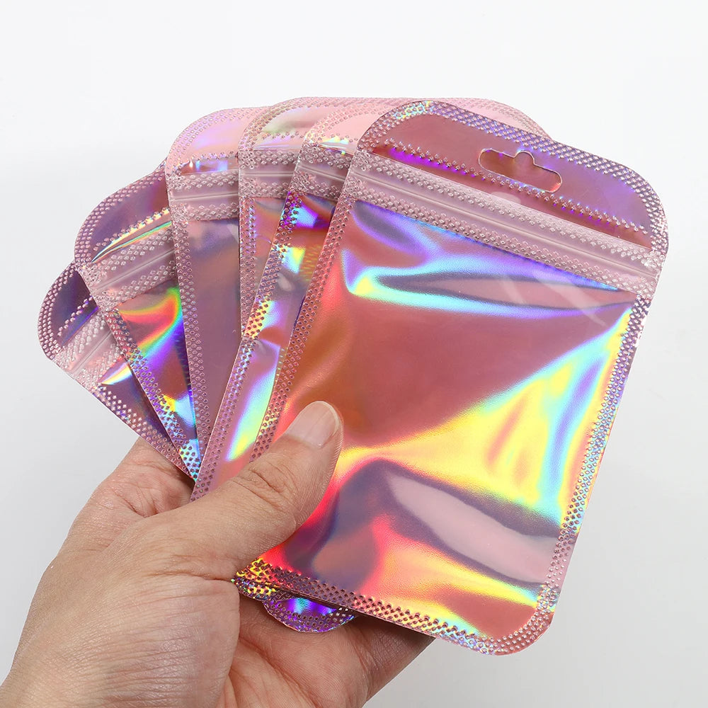 50pcs/lot Holographic Pink Self Sealing Plastic Bag Resealable Zip Lock Pouches Fo Jewellery