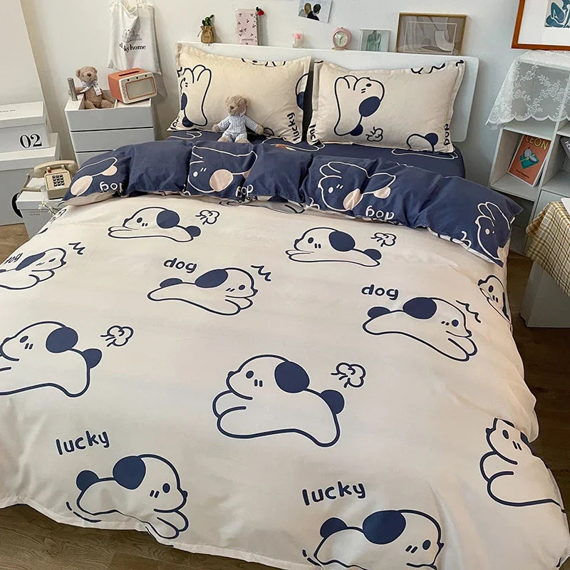 Kawaii Dog Printed Bed Set Floral Duvet Cover Pillowcase Bedding Set Queen King Size