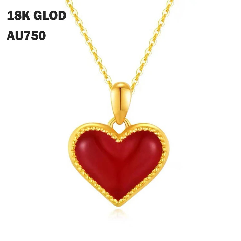 Real 18K Gold Necklace for Women AU750 Natural Red Agate and white fritillaria Heart Shape Pendants Original Gifts Fine Jewelry