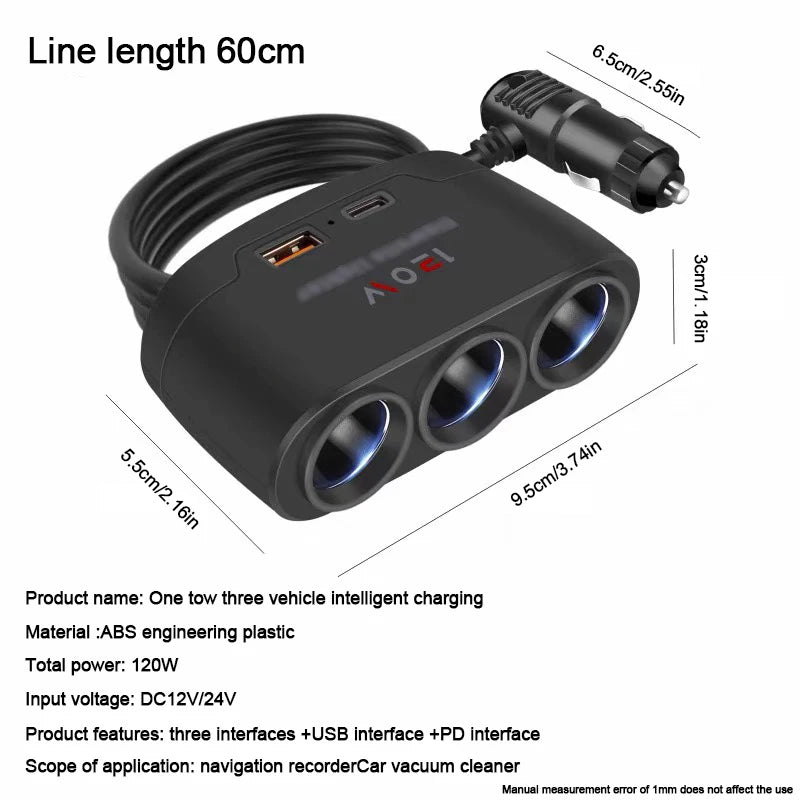 Car Charging Adapter One Two Three Conversion Head with USB+PD Extended