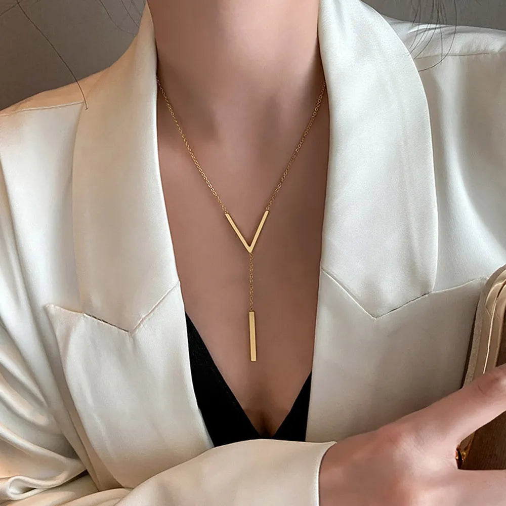 V-shaped Long Sexy Clavicle Gold Colour Chain Necklace Choker for Women Fashion Jewelry Party Gifts