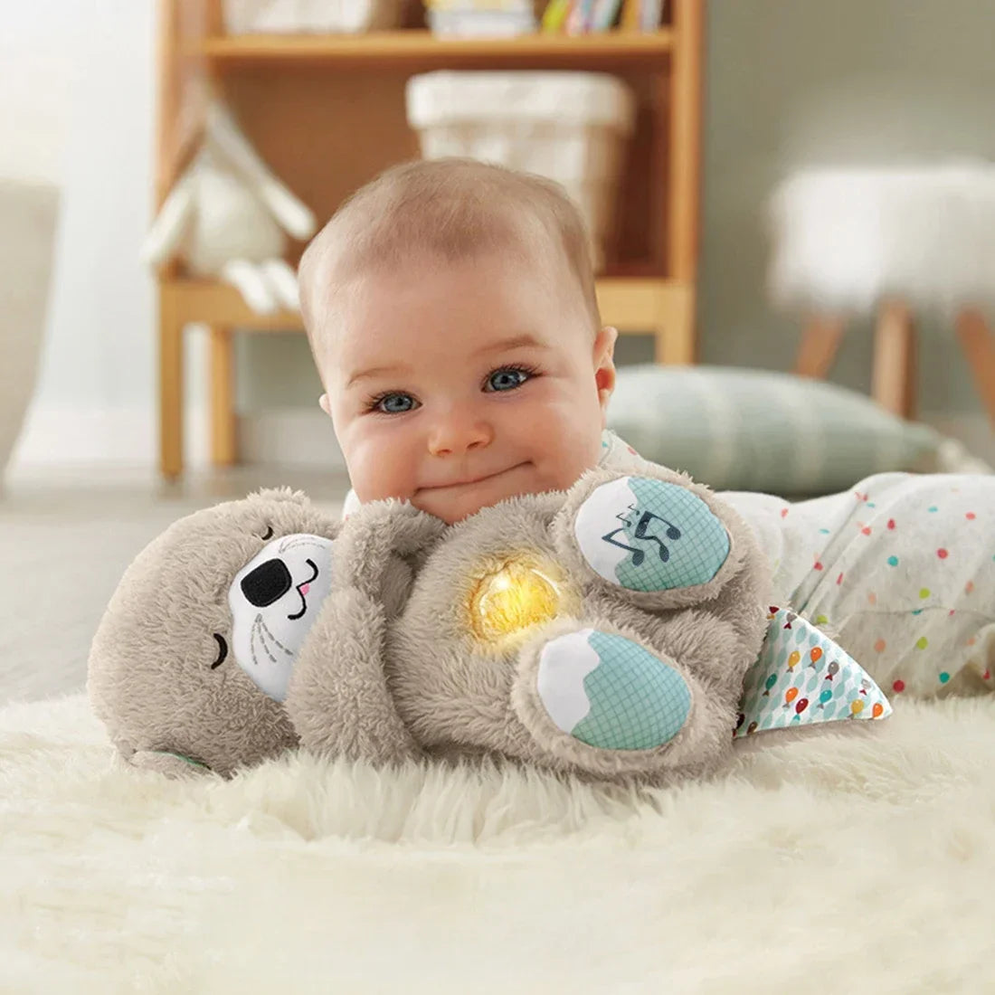 All-in-one Sleeping Otter Plush Toy Breathing Pillow Light Sound Newborn Soothing Toy