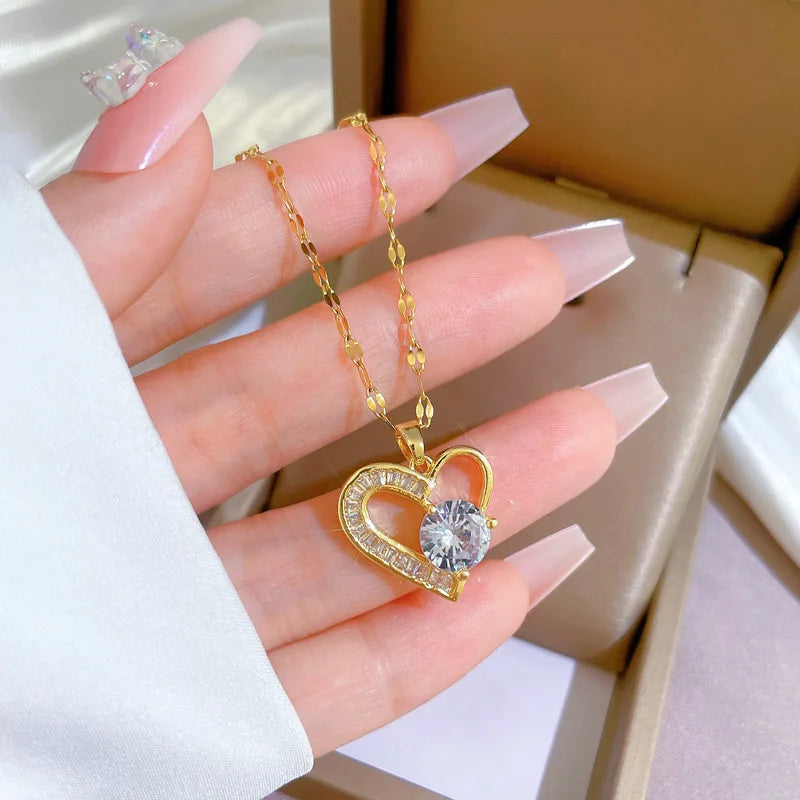 316L Stainless Steel Asymmetrical Heart Zircon Pendant Necklace For Women New Luxury Girls Clavicle Chain Jewelry Gifts