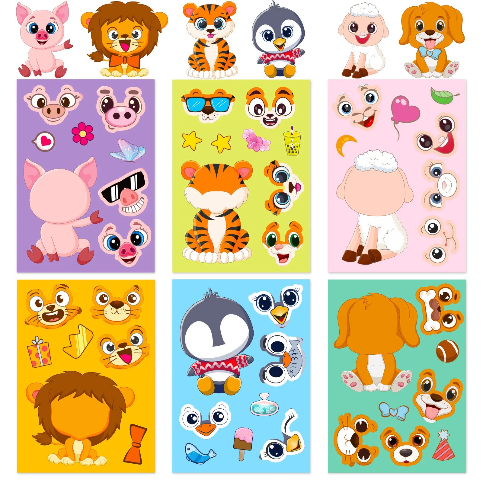 6/12Sheets DIY Animal Puzzle Stickers Make-a-Face Tiger Lion Dog Pig Children Educational