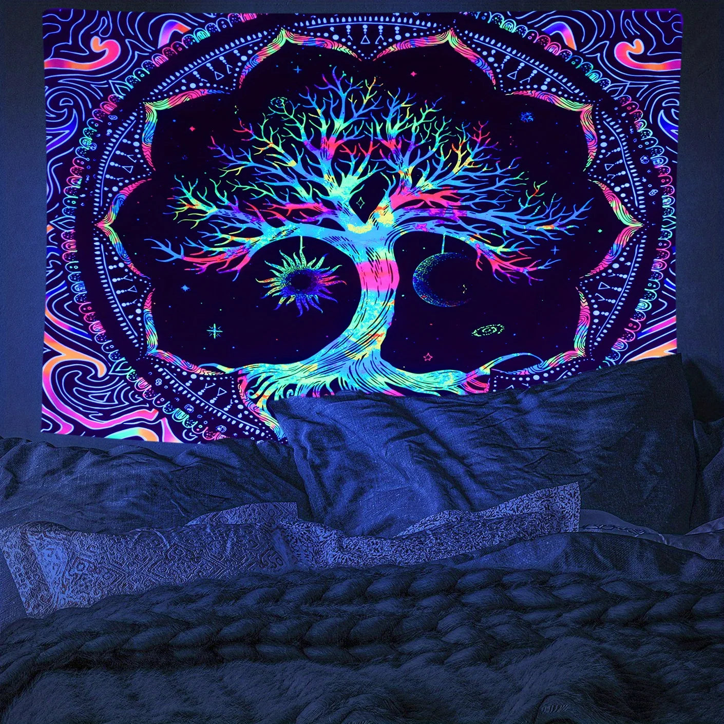 1Pcs 75x58cm Tree of Life Tapestry BlackLight Sun Moon Stars Galaxy Colorful