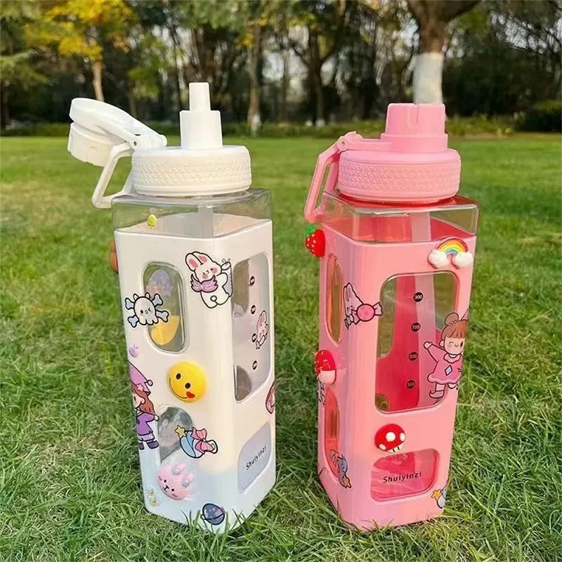 700ml Kawaii Water Bottle With Straw 3D Cute Bear Sticker Bpa Free Plastic Square