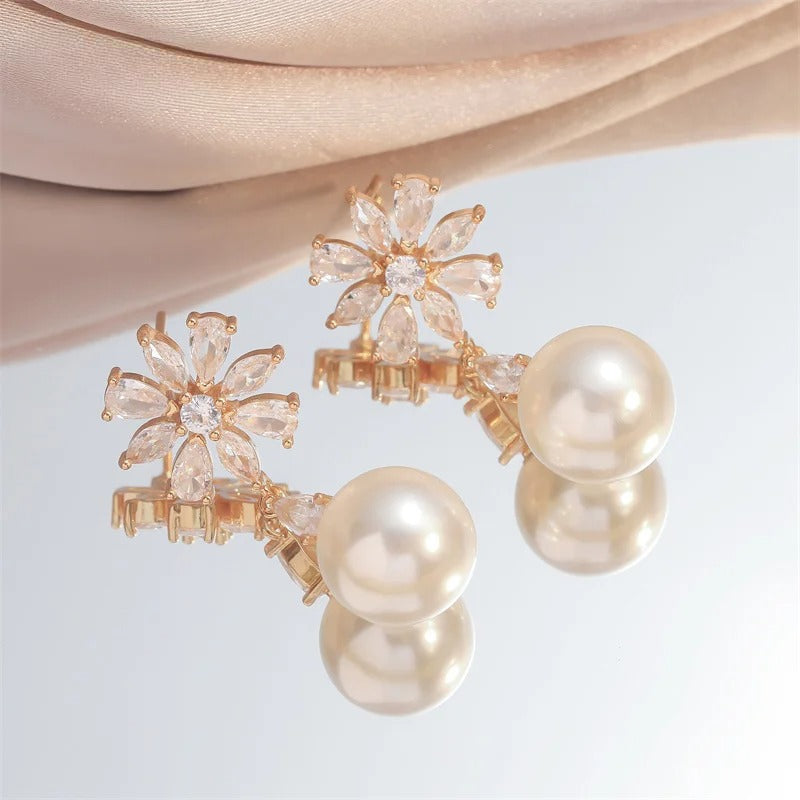 Zircon Flower Earrings for Women Exquisite Imitation Pearl Pendant Earring