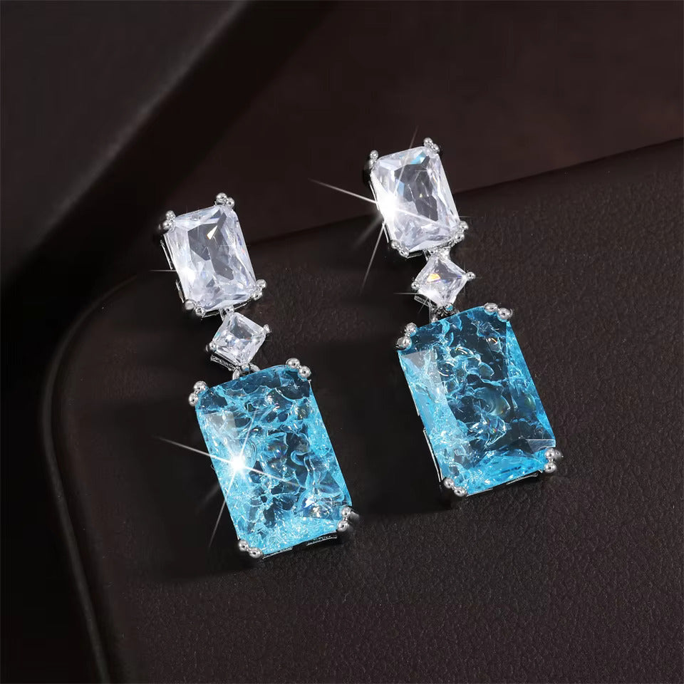 Ocean Blue Geometric Square Cubic Zirconia Drop Earrings for Women