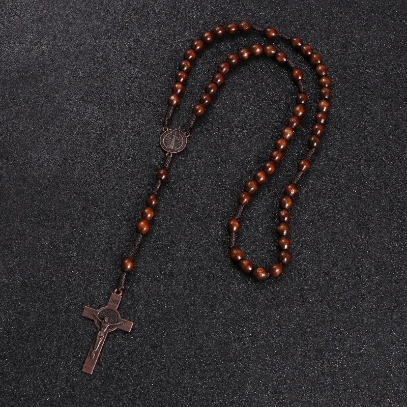 Christ Jesus Wooden Beads 8mm Rosary Bead Cross Pendant Woven Chain Necklace